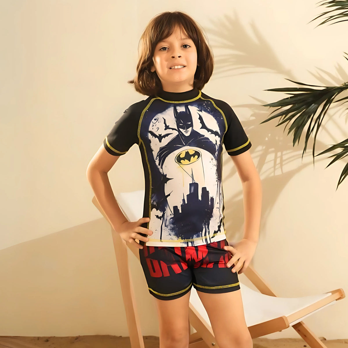 Batman Bat-Signal Black Rash Guard Swim Set