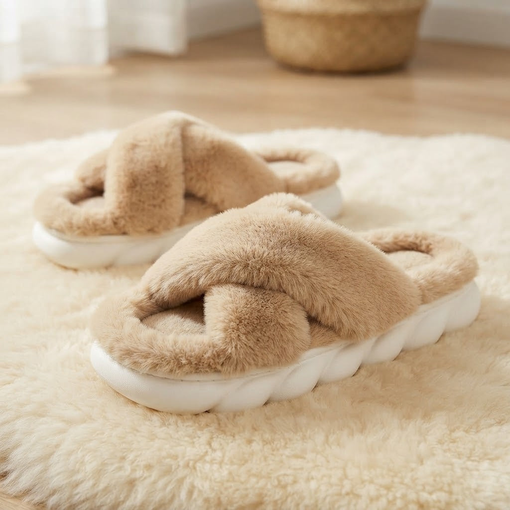 Cross Band Plush Slippers