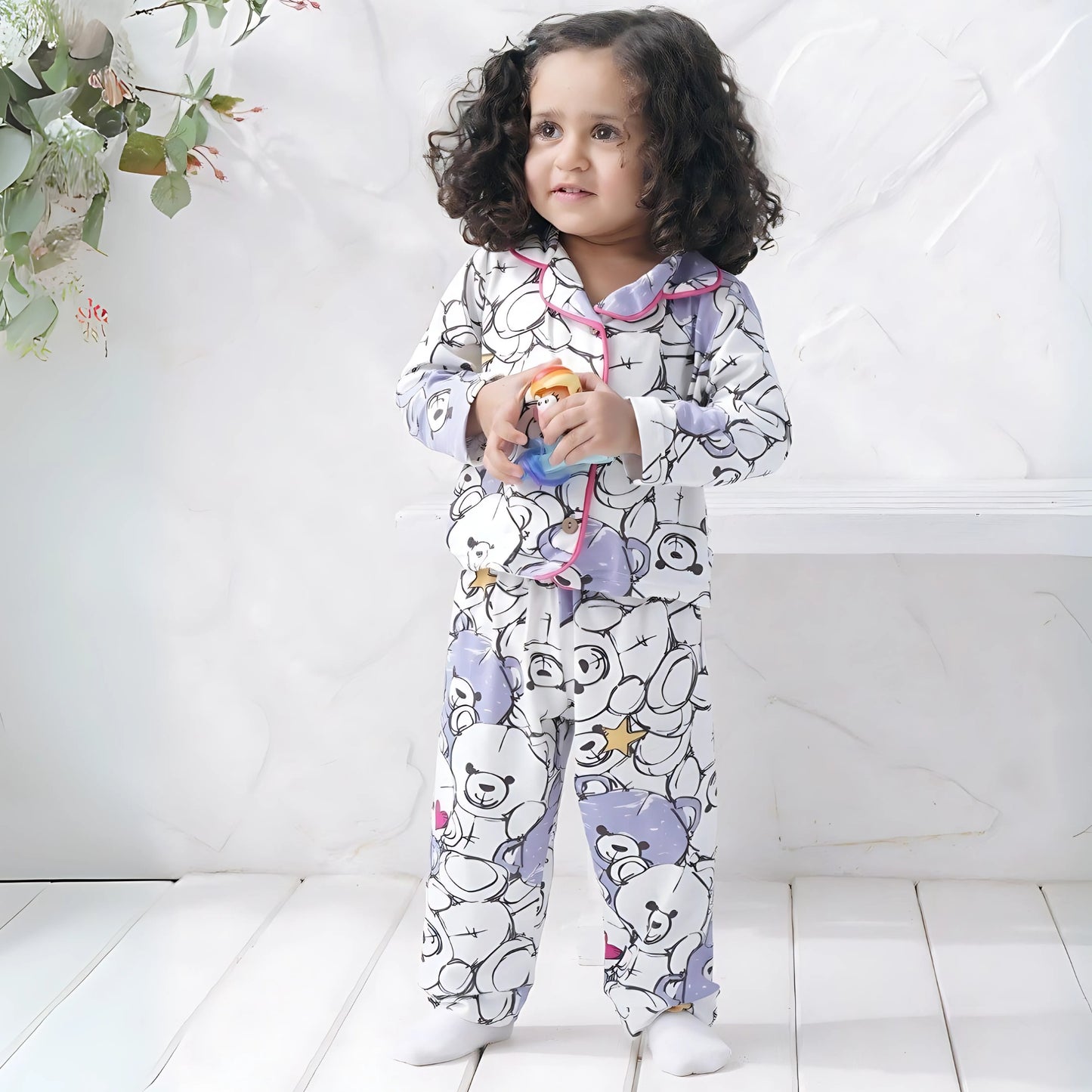 Teddy Bear Light Purple Cotton Pants Pyjama Set