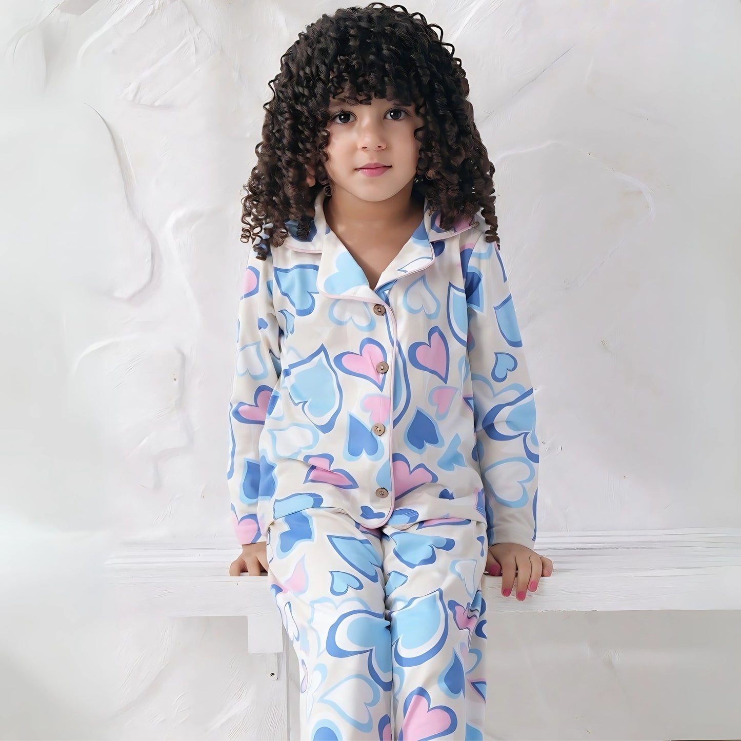 Hearts Light Blue Cotton Pants Pyjama Set