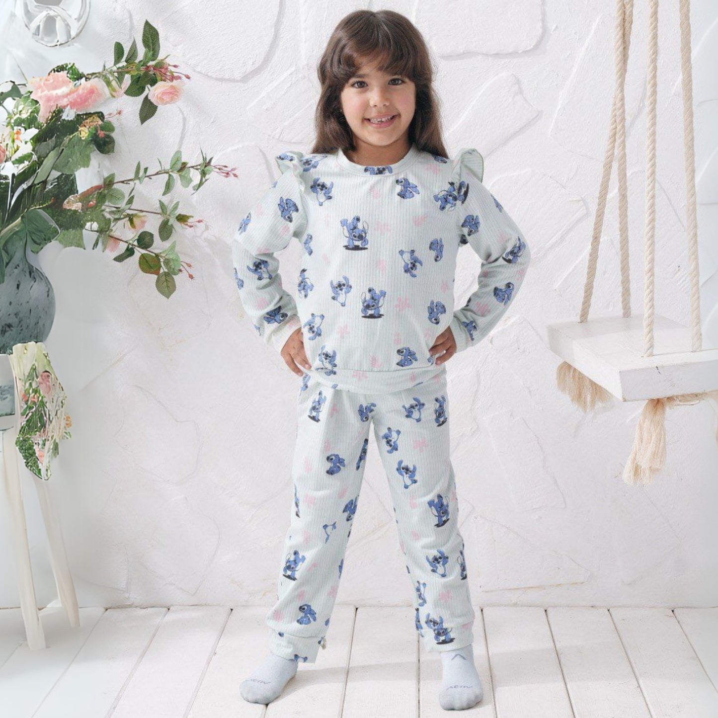Stitch Pattern Light Turquoise Cotton Pants Pyjama Set
