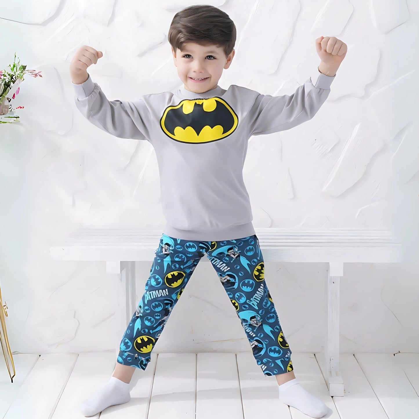 Batman Logo Grey Cotton Pants Pyjama Set