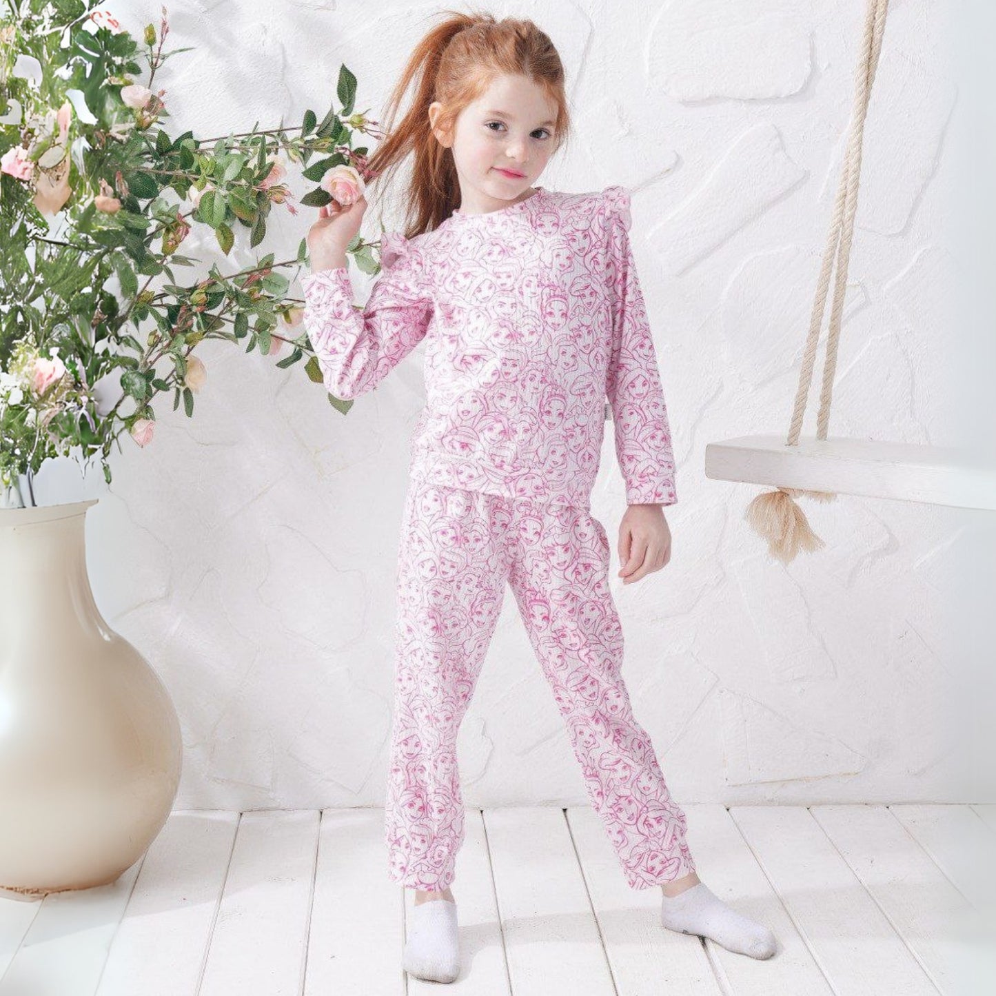 Disney Princess Pattern Red Cotton Pants Pyjama Set