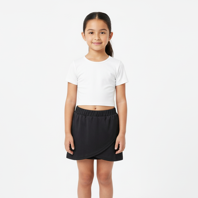 Young girl wearing a white crop top and black skirt on a white background