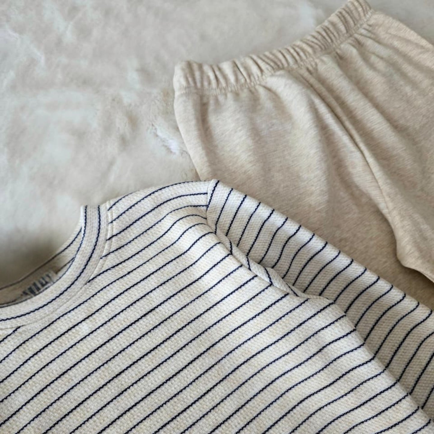 Cream Stripes Fleece Pyjama Set