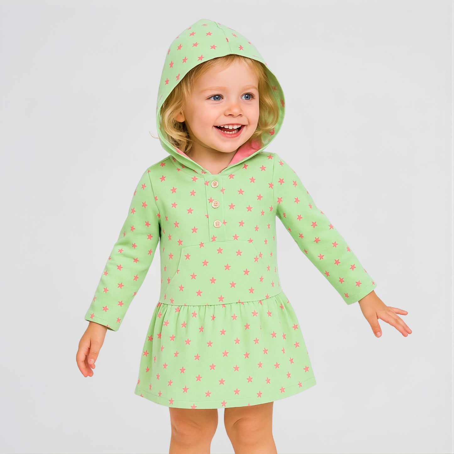 Stars Mint Green Cotton Hooded Dress