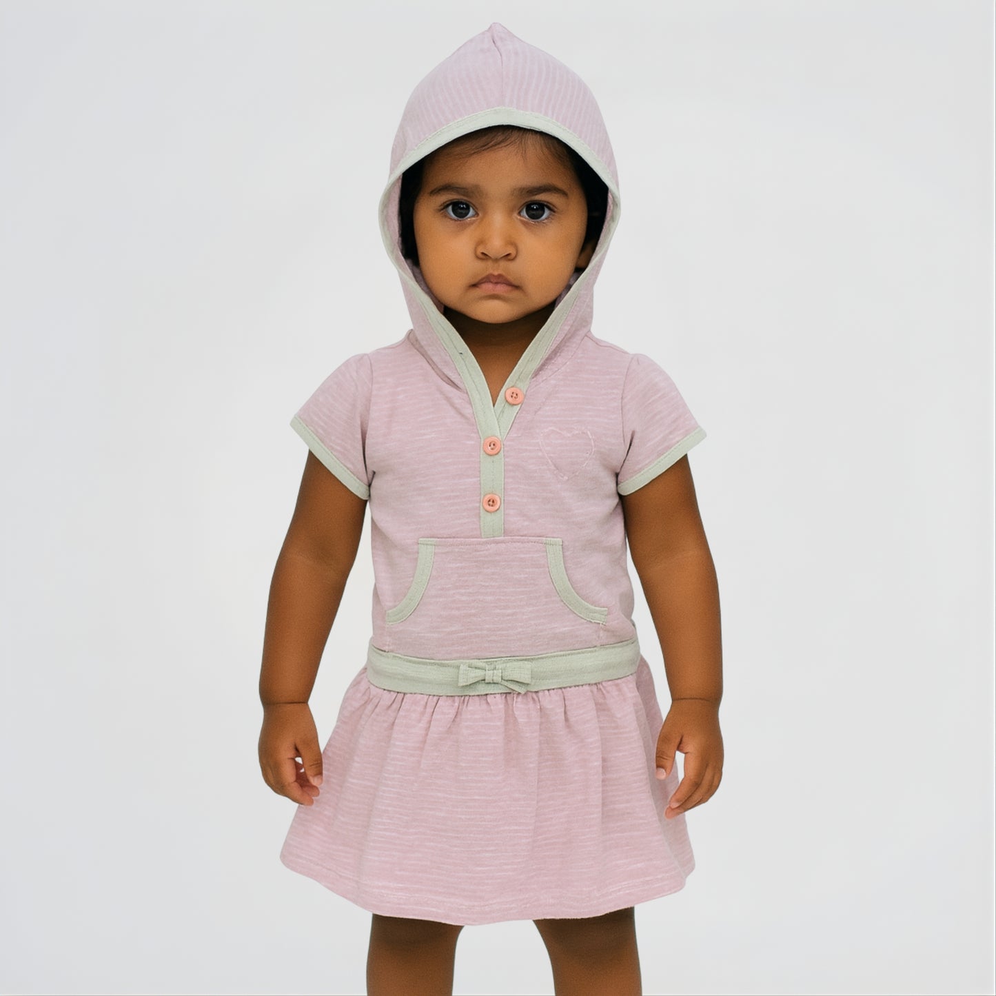 Basic Striped Pink/Grey Cotton Hooded Dress
