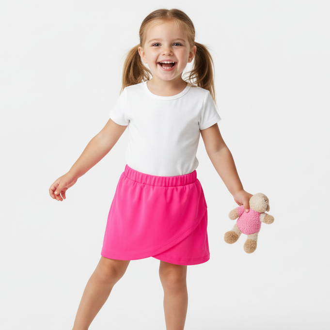 Child wearing a white t-shirt and pink skirt holding a teddy bear on a white background