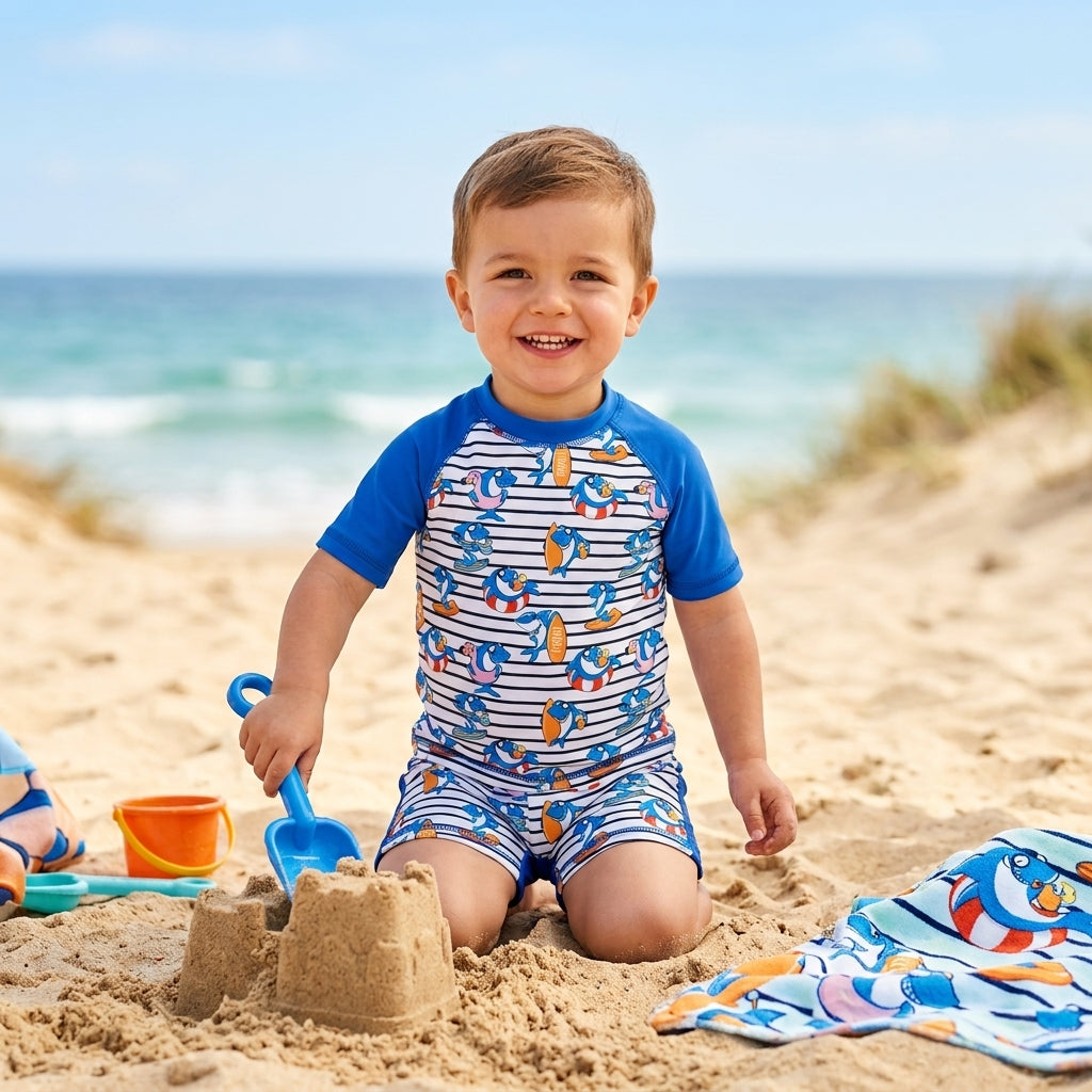 Shark Activities Striped Rash Guard Swimsuit