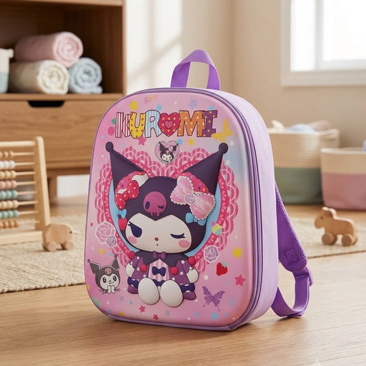 A pink and purple Kuromi school backpack with a cartoon character print, standing on a wooden floor in a child's room.