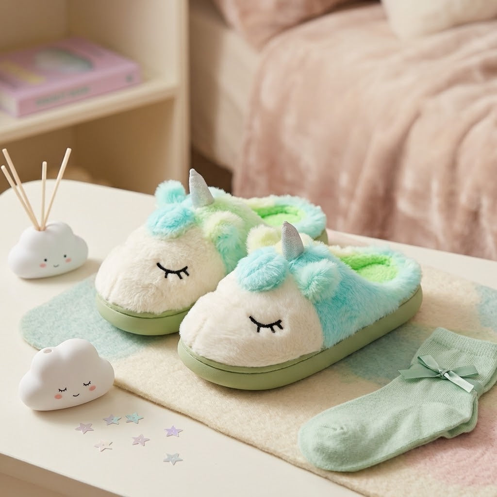 Fuzzy Unicorn Plush Slippers
