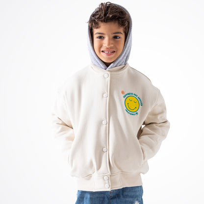 Happy Summer Vibes Off White Cotton Baseball Jacket