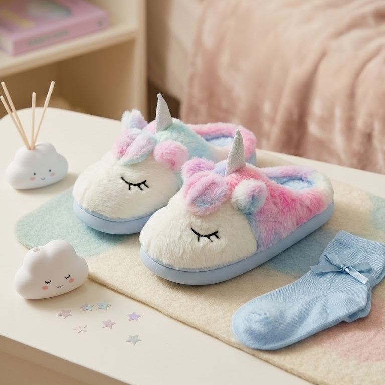 A pair of plush unicorn-themed slippers in pastel pink, blue, and white, shown with matching light blue socks on a cozy bed table. The scene includes a cloud-shaped reed diffuser and a soft pink blanket in the background.