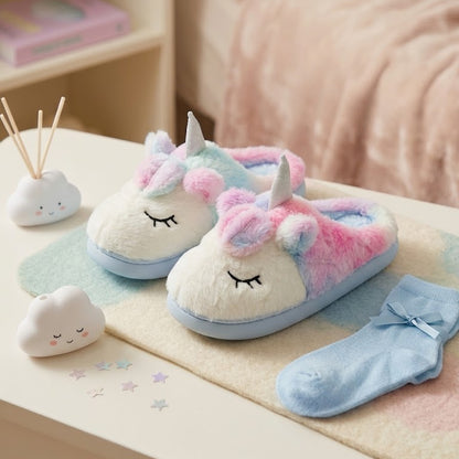 A pair of plush unicorn-themed slippers in pastel pink, blue, and white, shown with matching light blue socks on a cozy bed table. The scene includes a cloud-shaped reed diffuser and a soft pink blanket in the background.