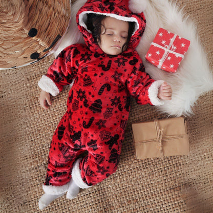 Christmas Candy Cane And Gingerbread Man Red Fleece Hooded Onesies