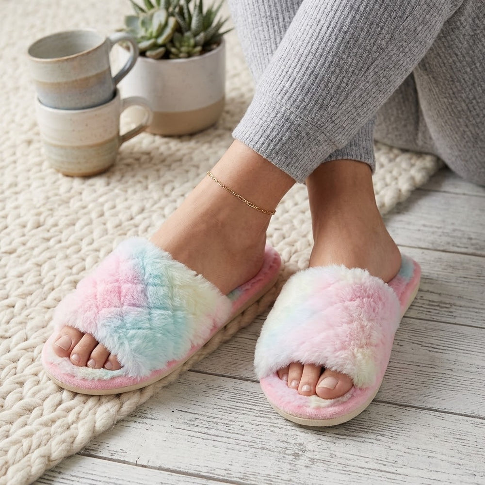Fuzzy Tie-Dye Plush Slippers