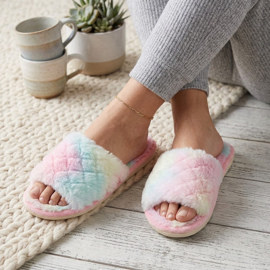 Fuzzy Tie-Dye Plush Slippers