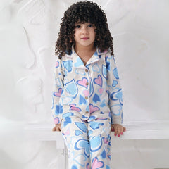 Hearts Light Blue Cotton Pants Pyjama Set