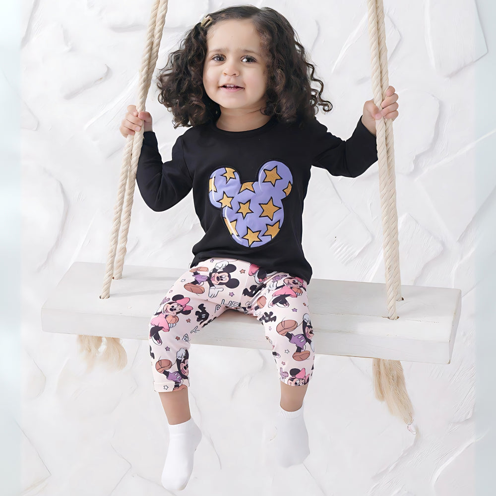 Minnie Mouse Stars Logo Black Cotton Pants Pyjama Set