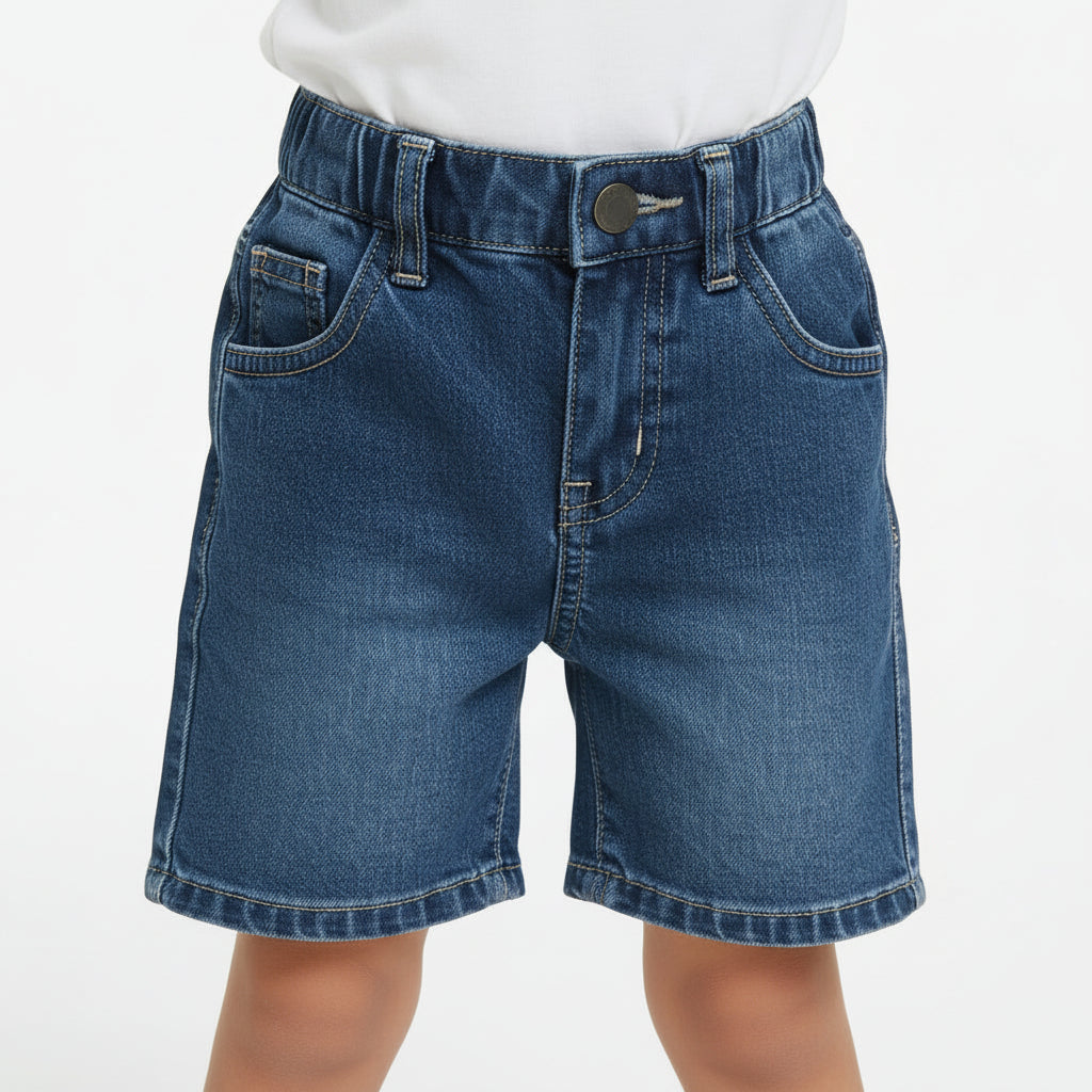 Blue denim shorts on a white background