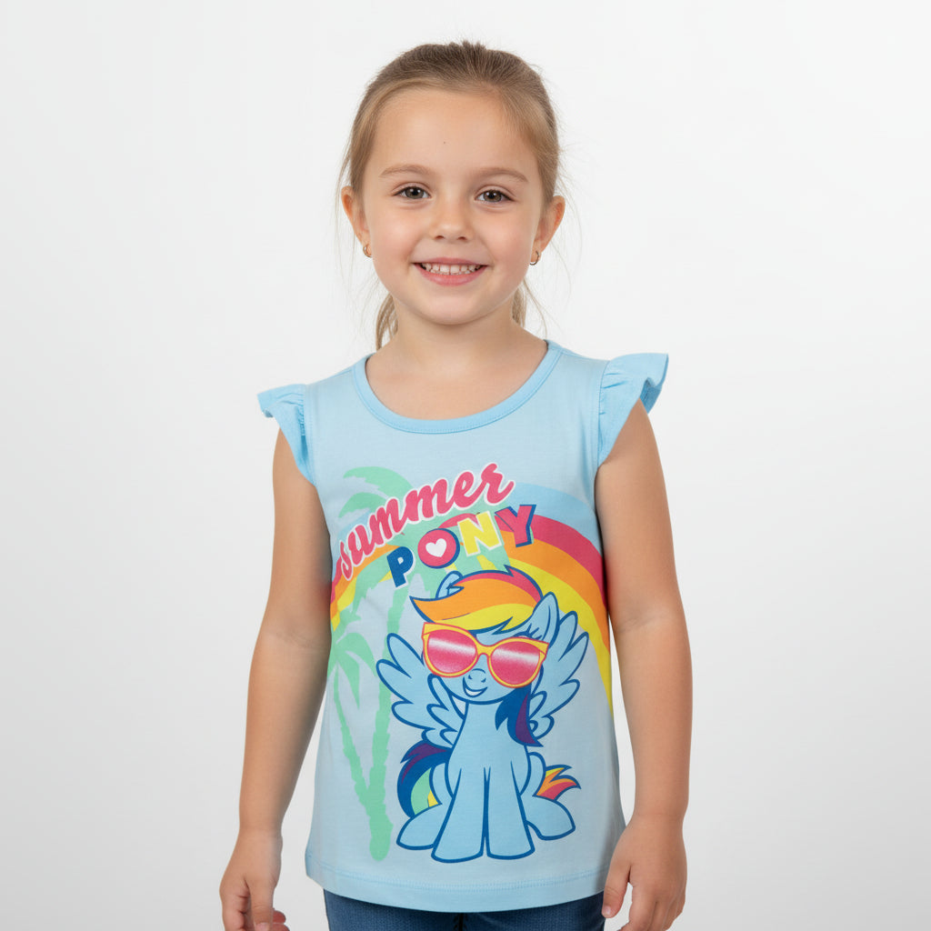 Children's tank top with a cartoon pony and rainbow design on a light blue background