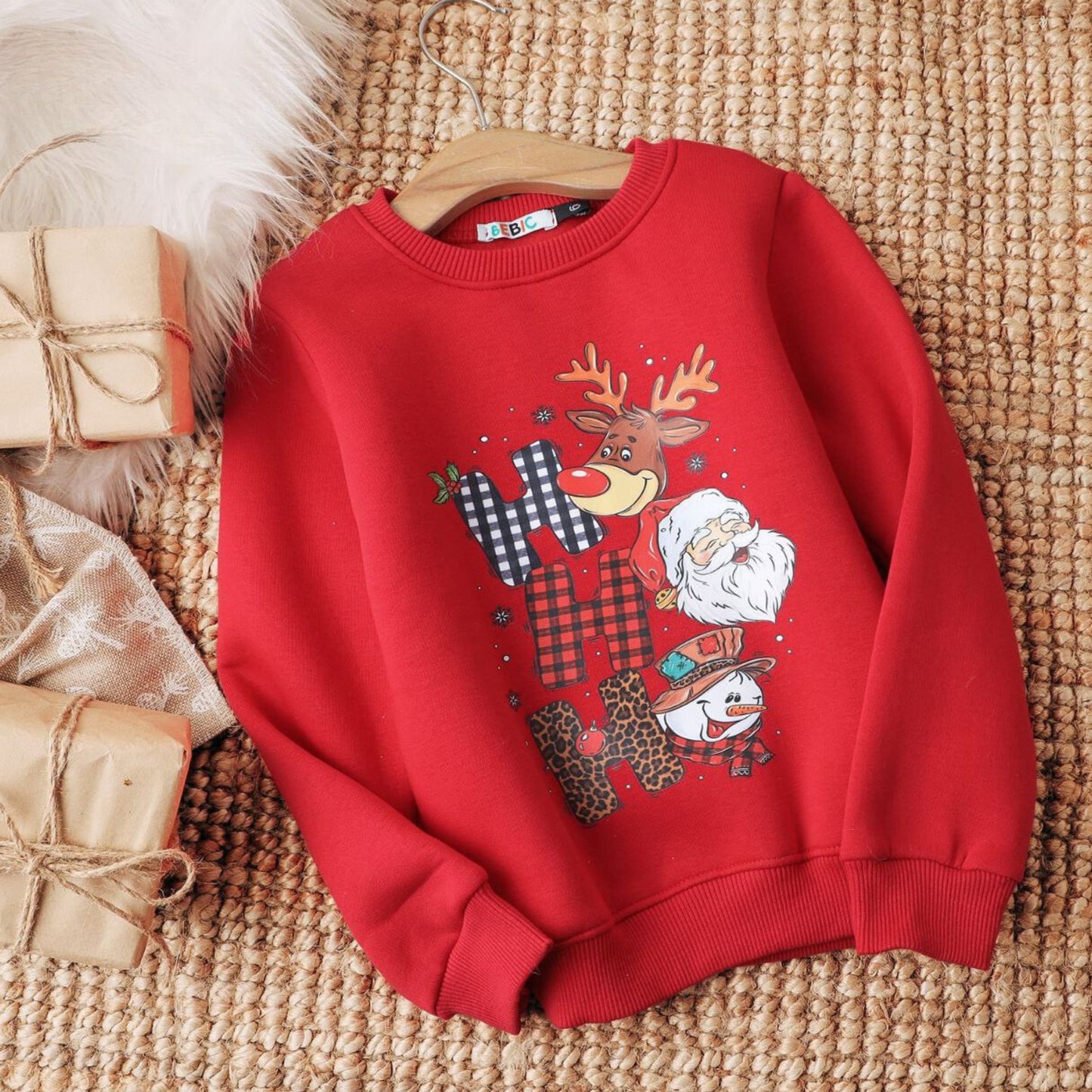 Santa Claus And Reindeer Red Cotton Sweatshirt