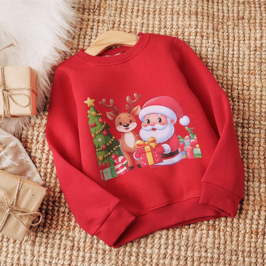 Santa Claus And Christmas Tree Red Cotton Sweatshirt