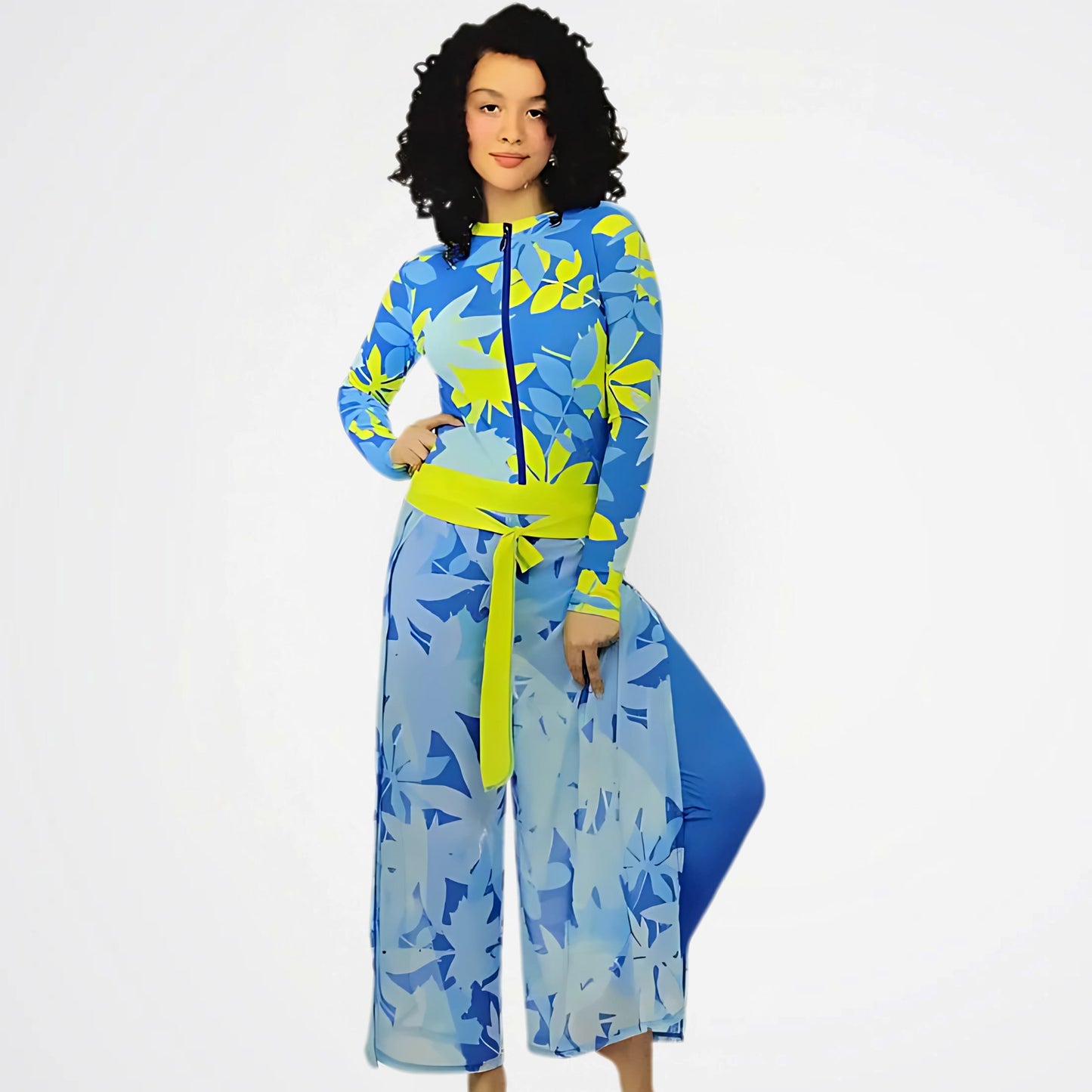 Leaves Light Blue Rash Guard Swimsuit