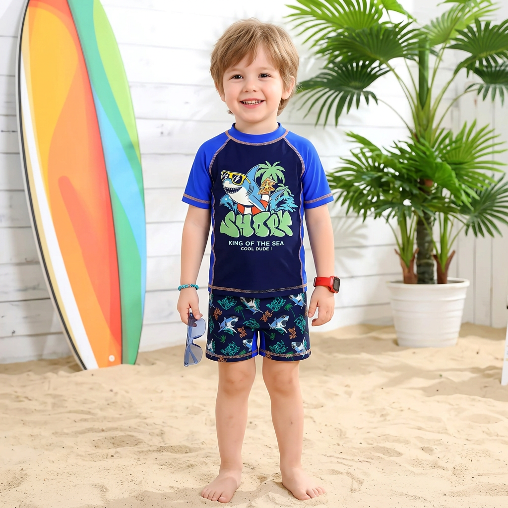 Shark King Blue Rash Guard Swim Set