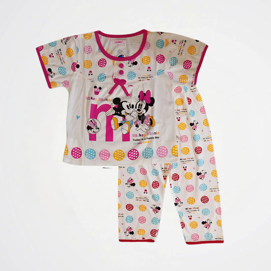 Minnie And Mickey White/Fuchsia Cotton Pyjama Set