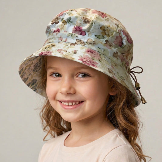 Young girl wearing a floral bucket hat against a plain background