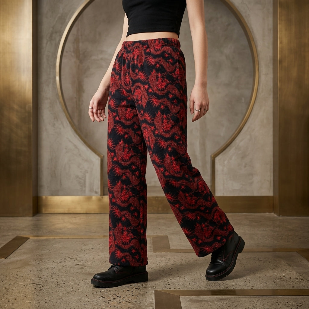 Pattern Red/Black Fleece Wide Leg Sweat Pants