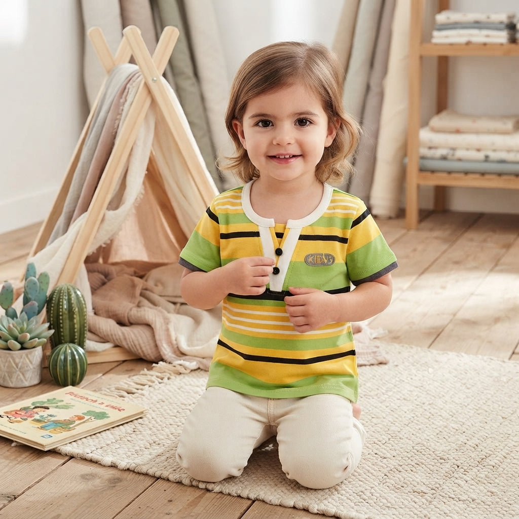 Striped Green/yellow Short-Sleeved Cotton T-Shirt