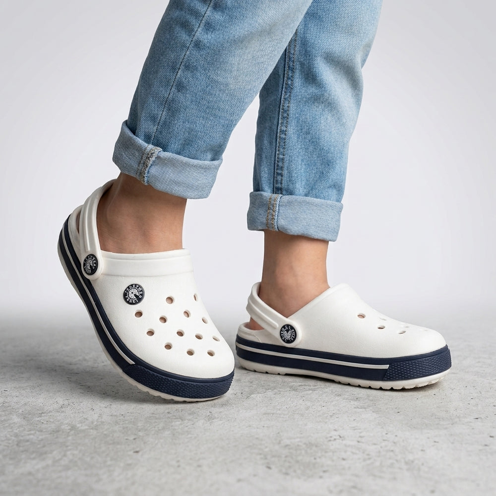 Classic White/Navy Clogs