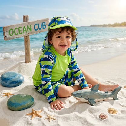 Shark Pattern Rash Guard Swim Set