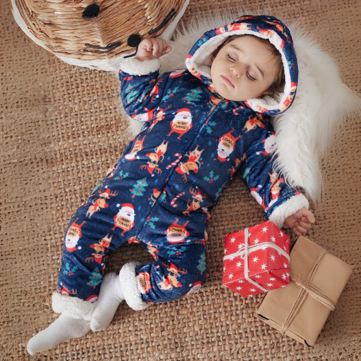 Santa And Reindeer Navy Fleece Hooded Onesies