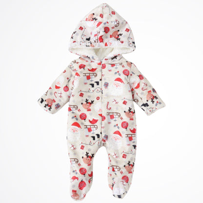 Santa And Reindeer Off White Fleece Hooded Onesies