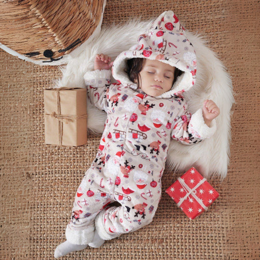 Santa And Reindeer Off White Fleece Hooded Onesies