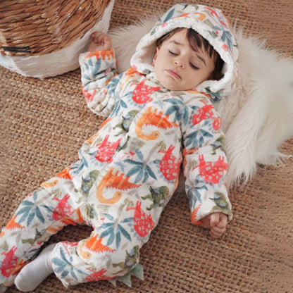 Dinosaurs Beige Fleece Hooded Onesies (Model 2)