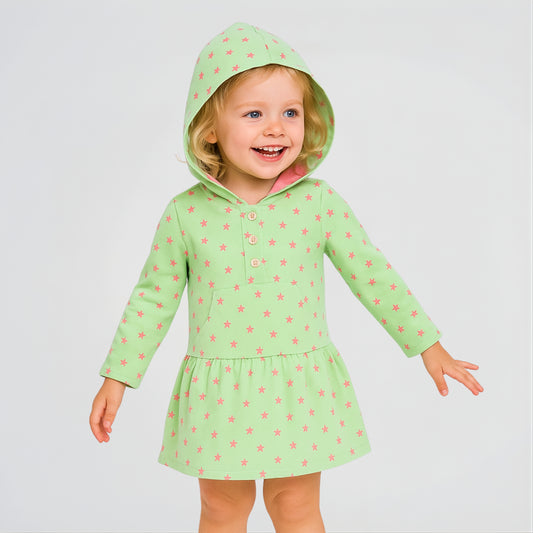 Stars Mint Green Cotton Hooded Dress