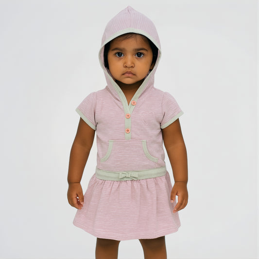 Basic Striped Pink/Grey Cotton Hooded Dress
