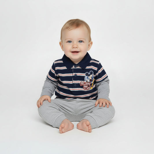 Mickey Mouse Striped Navy/Grey Cotton T-Shirt