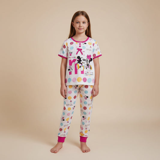Minnie And Mickey White/Fuchsia Cotton Pyjama Set