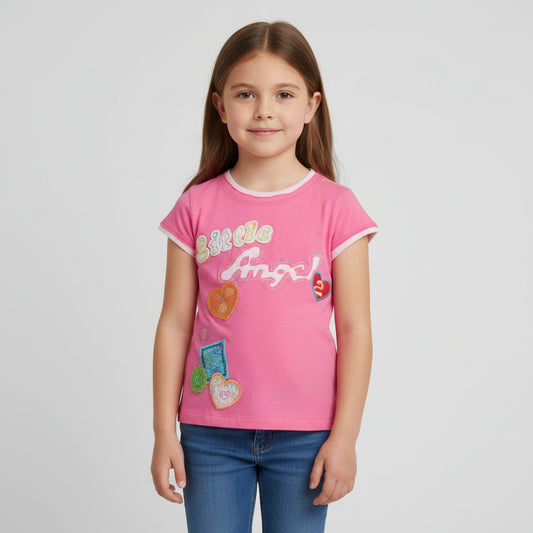 Pink children's t-shirt with 'Little Angel' text and colorful designs on a white background