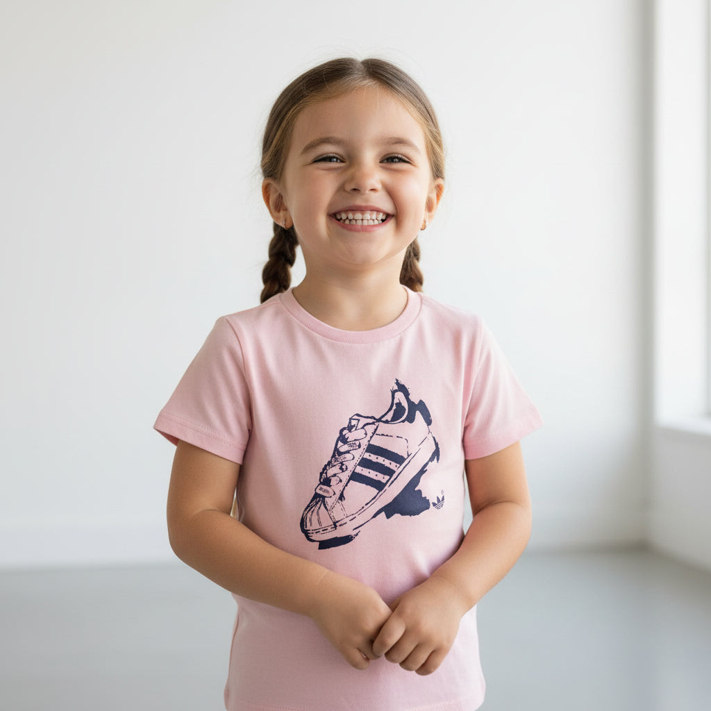 Pink t-shirt with a black shoe graphic on a white background