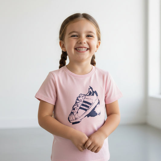 Pink t-shirt with a black shoe graphic on a white background
