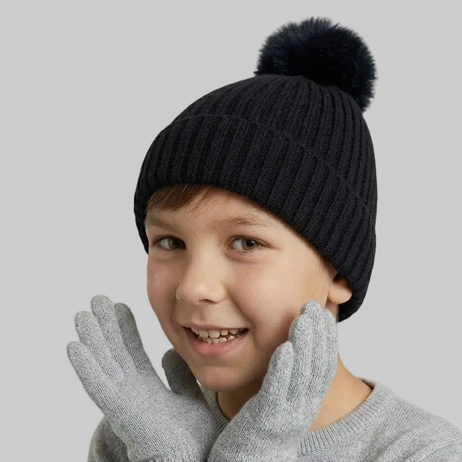 Pom-Pom Black Wool Ice Cap