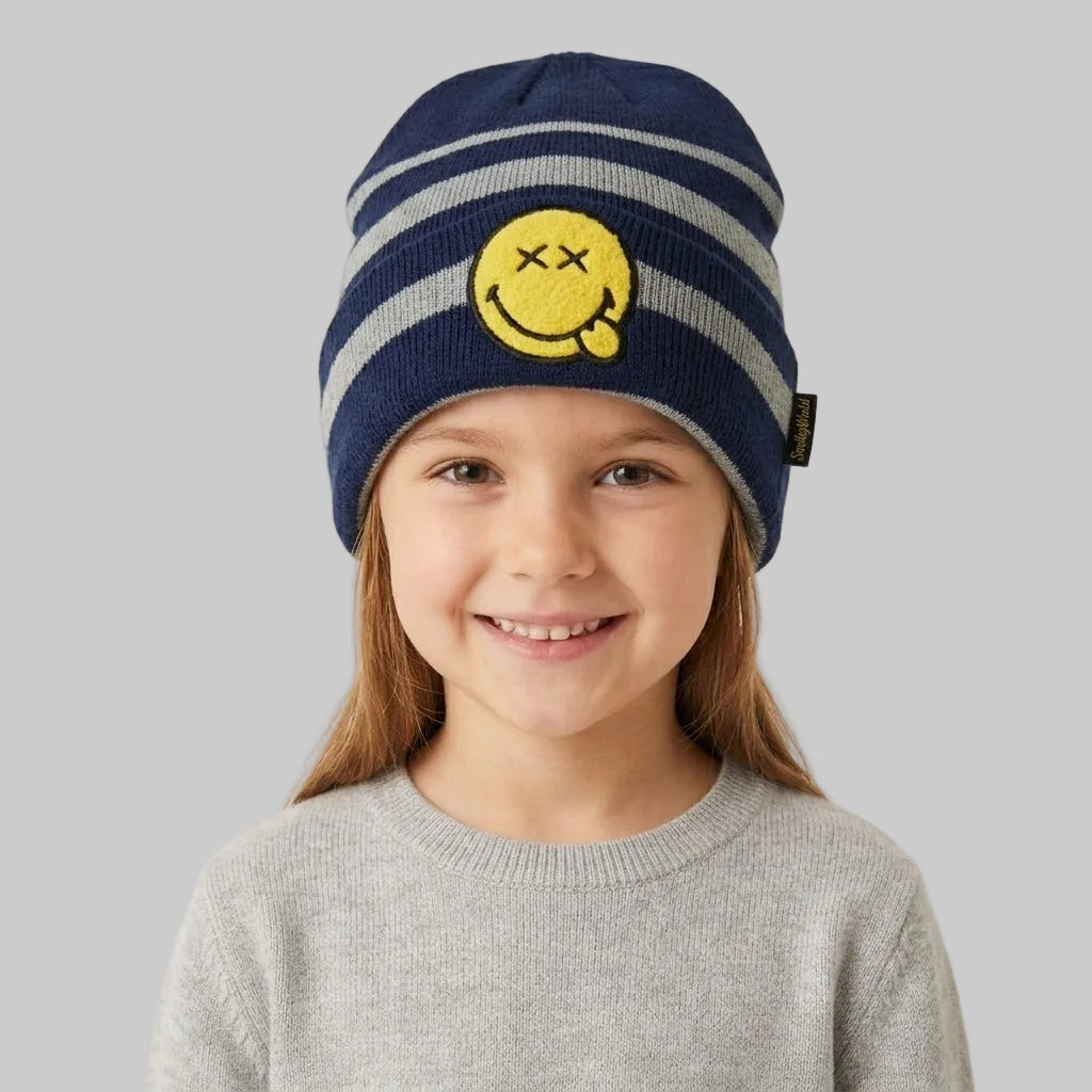 Smile Face Striped Navy Fleece Ice Cap