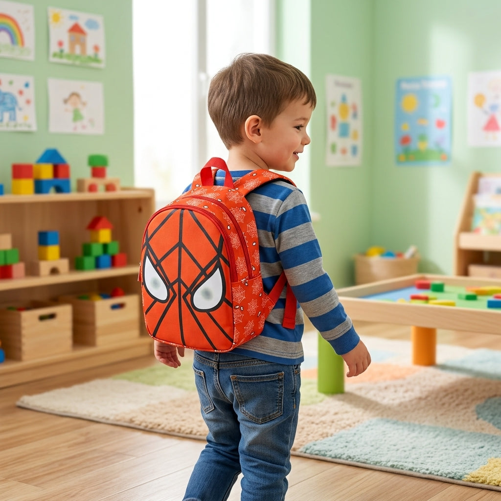 A young child wearing a blue and gray striped long-sleeve shirt and jeans, carrying a bright red Spider-Man themed backpack in a colorful children's playroom.