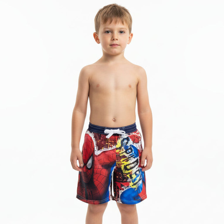 Spiderman-themed microfiber swimshorts with a graphic print of the character in various action poses.
